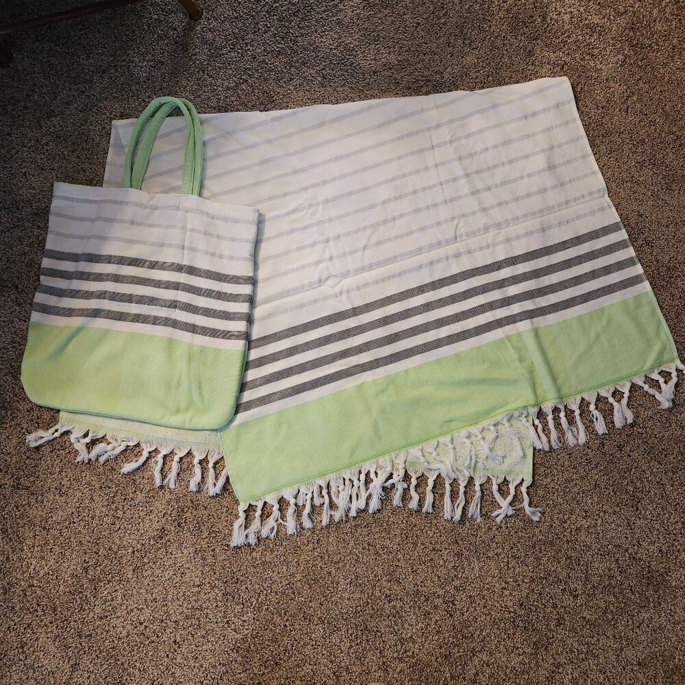 Green Gray and White Striped Beach Towel and Tote Bag Set Turkish T Cotton